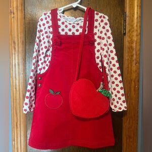 NWOT Max Studio Red Girls Overall Dress with Apple Design& Apple Purse Size 6